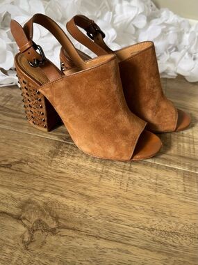 Coach Cognac Suede Open-Toe Studded Block Heel Slingbacks